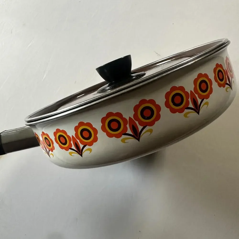 Vintage 1970s Japan Sanko Ware Floral Enamel Sauce Pan Show Pan w/ Lid